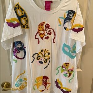 QUEEN OF SPARKLES White Tee with Vibrant Mask Embroidery